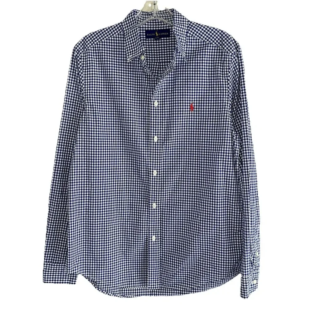 Ralph Lauren Boys Shirt Kids Size 18 20 Blue White Plaid Red Pony Long Sleeve